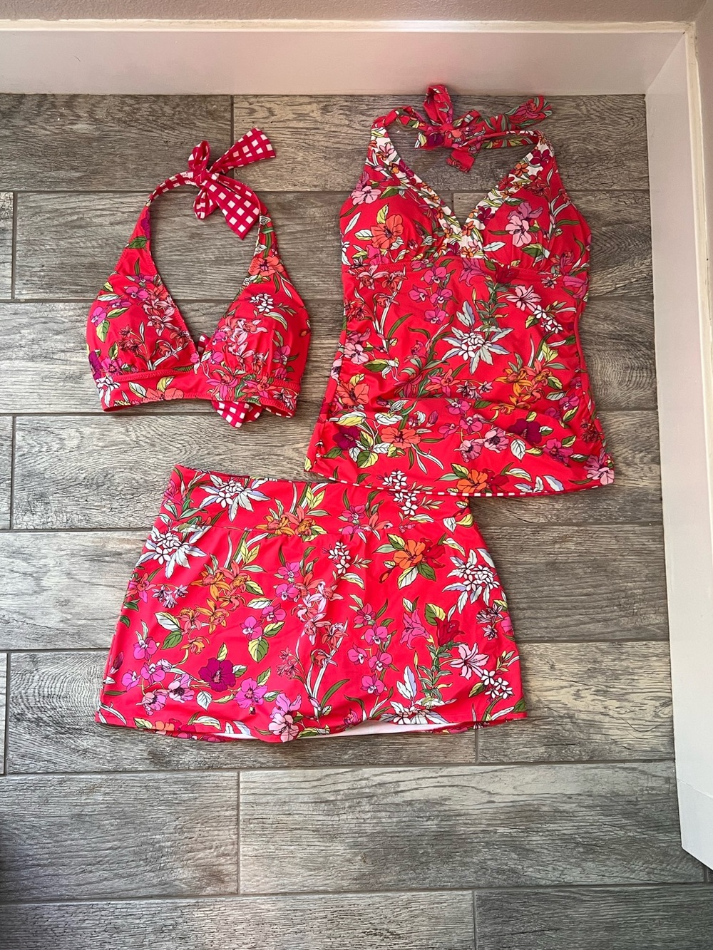 Tommy Bahama Red Floral 3-Piece Swim Set with Halter Top